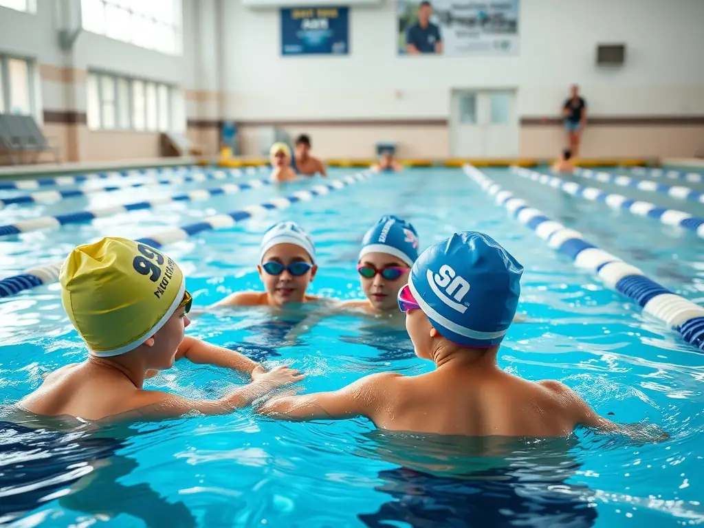 A group of young athletes participating in a swin training session at a local pool, focusing on improving their swimming techniques and endurance.