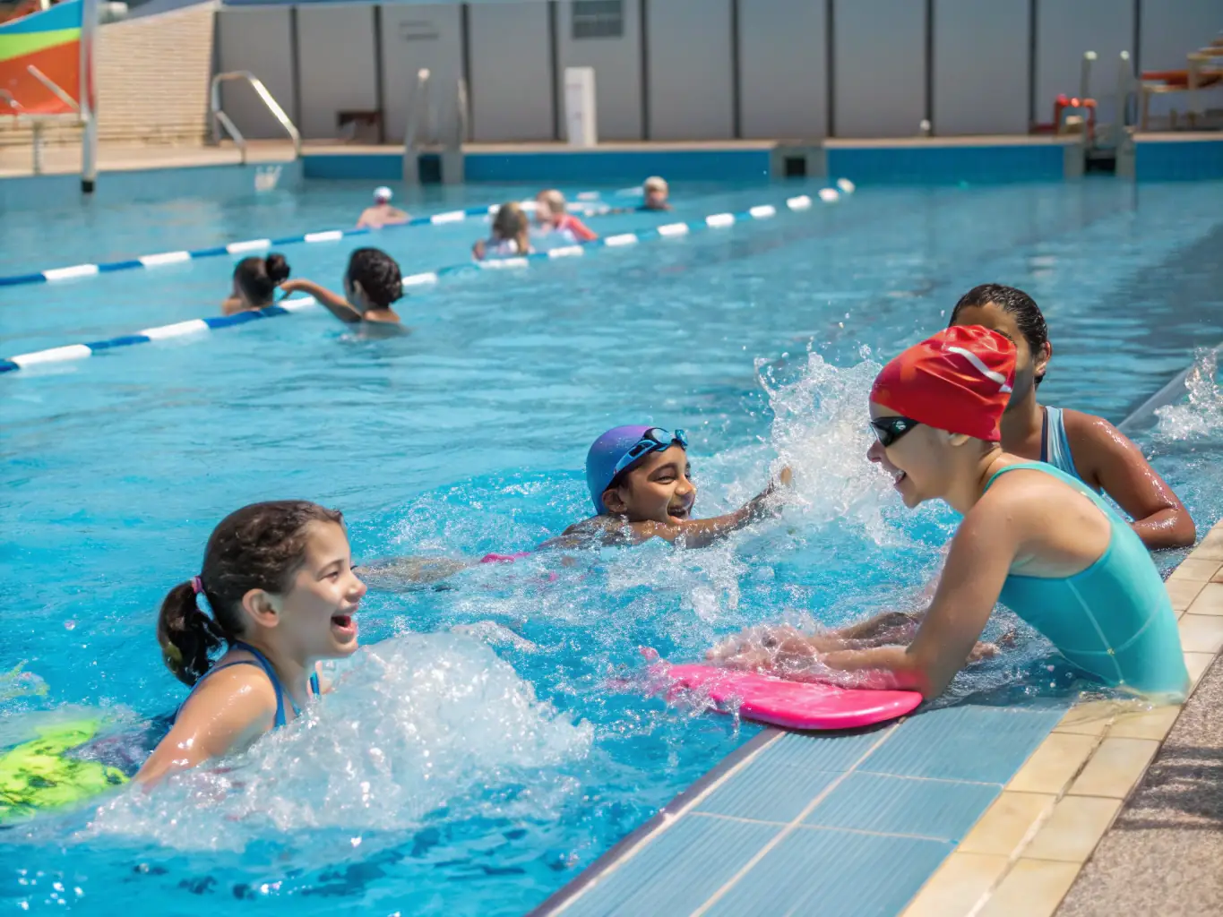 A dynamic image showcasing a group of diverse individuals participating in a swin training session at a local pool, emphasizing teamwork and skill development.