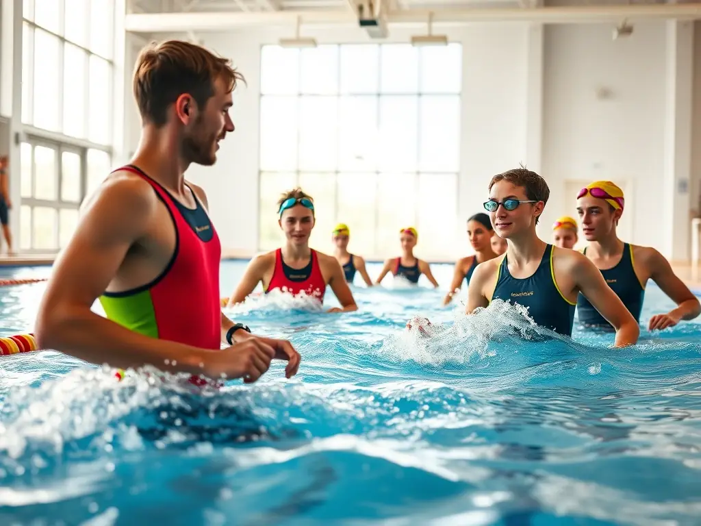 A group of young athletes participating in a swin training session at a local pool, focusing on technique and endurance.