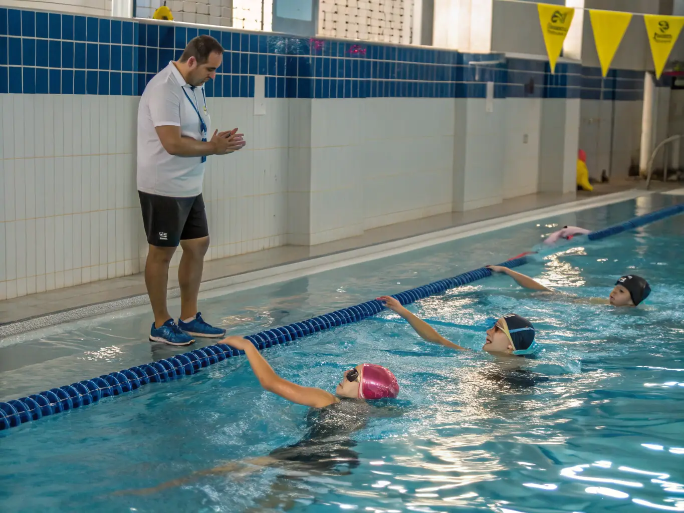 Experienced swin coaches leading a training session, providing guidance and support to athletes of various skill levels.