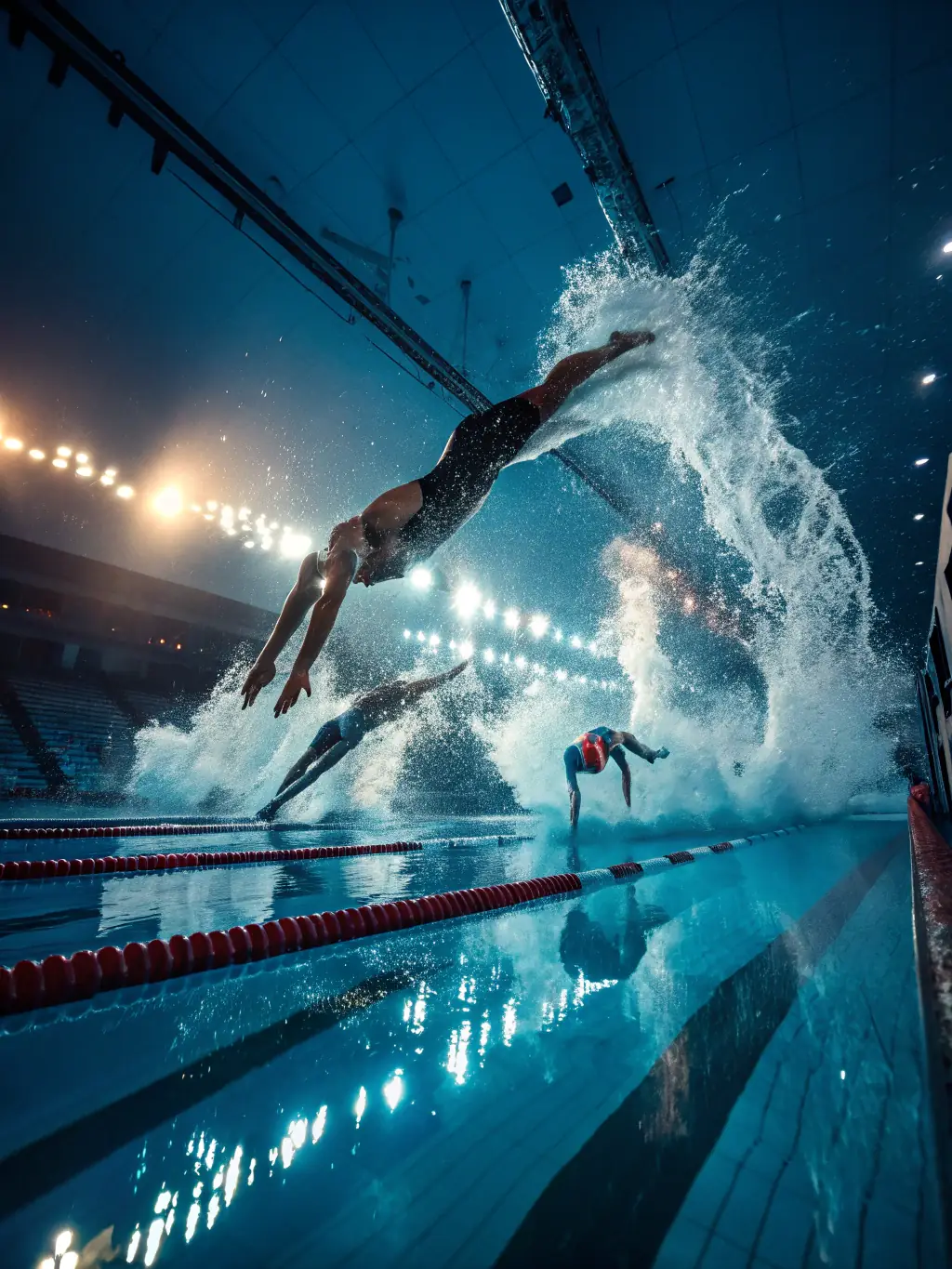 An action shot of athletes competing in a regional swin competition, showcasing the intensity and skill involved in competitive swin.